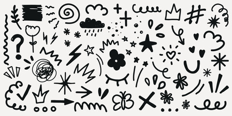 A collection of black doodles featuring stars, hearts, arrows, and squiggles. Doodles include clouds, crowns, and flowers. Fun and whimsical doodles. Black hand drawn elements, vector set.