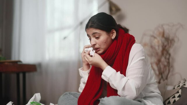 Sick young indian woman calling to doctor because coughing sneezing and having severe headache temperature at home Unhealthy beautiful girl distance remote talking with therapist by call indoors