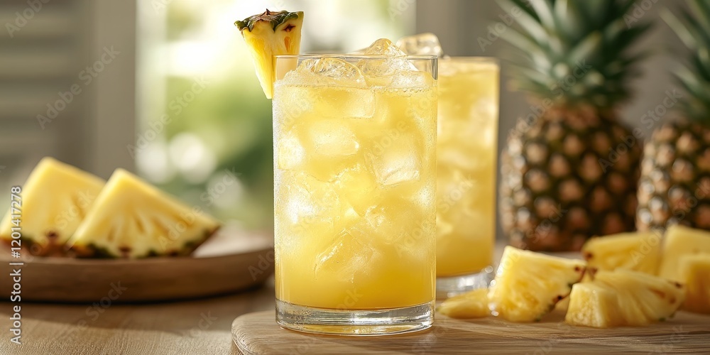 Aufkleber fresh pineapple juice is beautifully combined with soda and ice cubes to create a refreshing drink. 