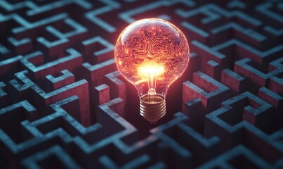 A glowing lightbulb at the center of a maze shaped like a human head, symbolizing the process of solving complex problems and finding clarity