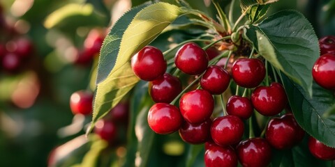 Obraz premium Close up of a cherry tree featuring vibrant, almost red cherries that are ready for harvest. The cherry tree showcases the beauty and richness of these delicious cherries awaiting picking.