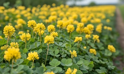 A golden sea of bright yellow clover blooming along the edge of a rural path, clover, spring