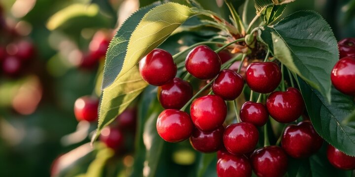 Close up of a cherry tree featuring vibrant, almost red cherries that are ready for harvest. The cherry tree showcases the beauty and richness of these delicious cherries awaiting picking.