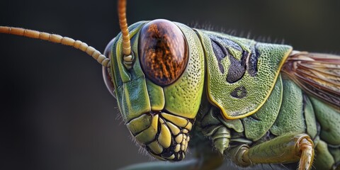 Close up detailing the head of a differential grasshopper, showcasing its prominent large compound eye alongside a smaller simple eye, highlighting the unique features of the differential grasshopper.