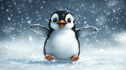 Fototapeta premium Happy penguin standing in falling snow, with a joyful expression in a winter wonderland setting