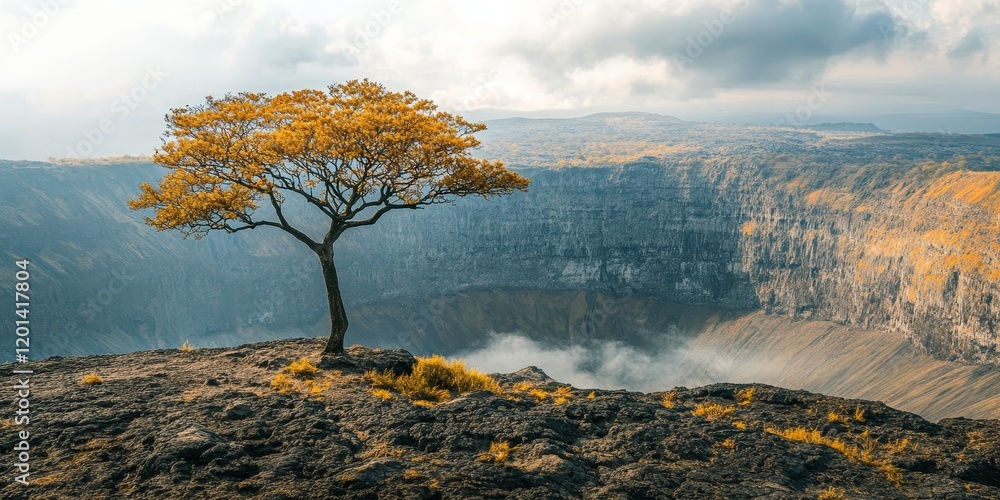 Poster a solitary tree rises majestically atop a mountaintop, framed by the expansive view of a crater in t