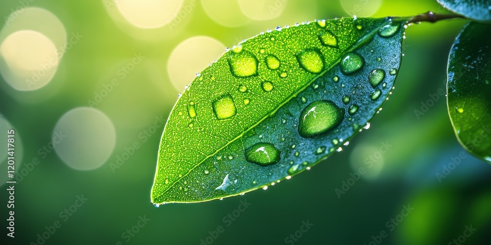 Poster dew drops on a green leaf create stunning visuals in macro photography, showcasing the beauty of dro