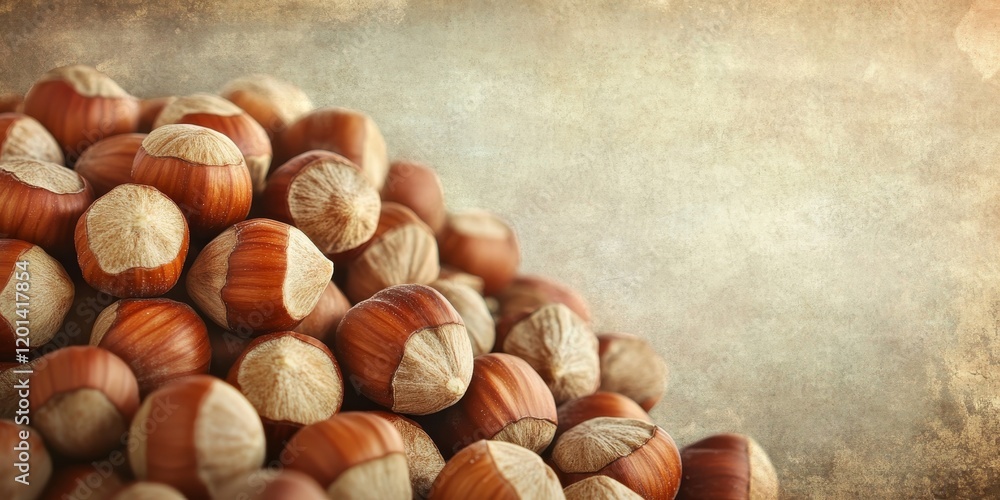 Poster close up shot of a heap of hazelnuts showcasing their texture and details against a vintage backgrou