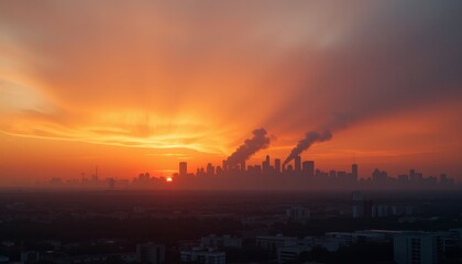 City skyline at sunset with industrial smoke