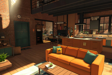 Obraz premium Shared living space in a co living apartment featuring a large couch, open kitchen, and modern accents. Resident and Apartment Mockup and concept