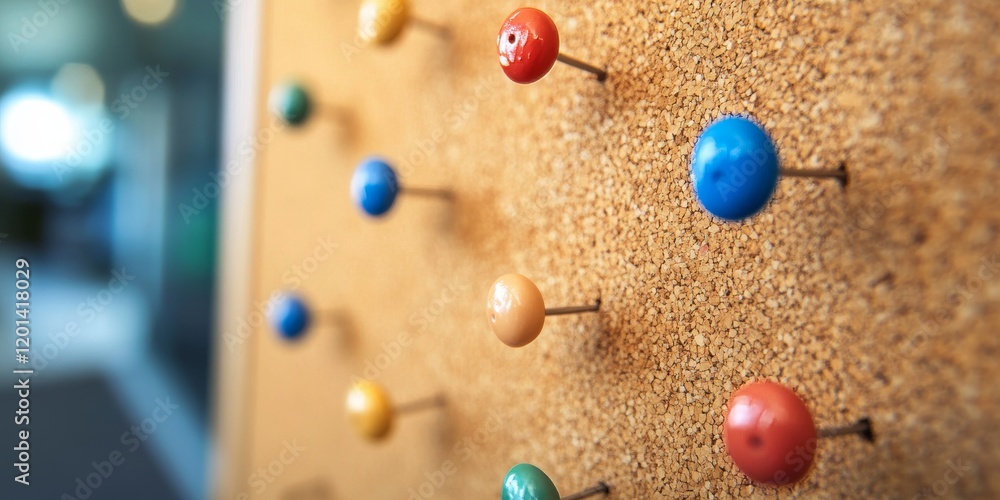 Poster a vibrant color shot showcasing a framed brown cork board adorned with tacks, perfect for displaying