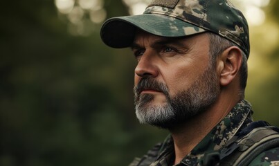 A mature man with a beard wearing camouflage and a cap looks seriously towards the side, embodying a sense of vigilance and alertness in an outdoor setting