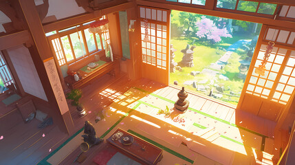 Tranquil Japanese interior with sunlight streaming through, showcasing a serene garden view