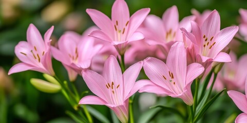 Fototapeta premium Delicate pink zephyranthes lily flowers bloom beautifully, showcasing their stunning petals. The vibrant pink zephyranthes lily flower adds elegance and charm to any garden or floral arrangement.