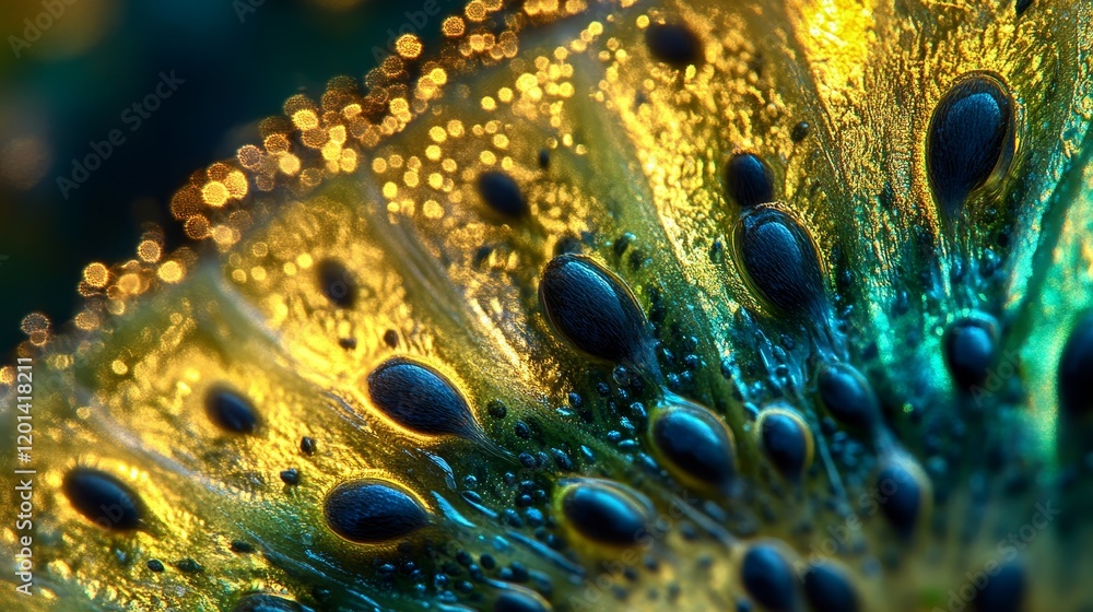 Poster macro view showcasing the intricate interior of a kiwi fruit, highlighting the vibrant colors and un