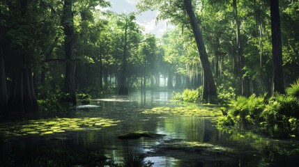 Fototapeta premium Vibrant swamp scene featuring lush plants, showcasing the beauty of nature in a serene swamp environment with diverse plant life. Experience the tranquility of this captivating swamp setting.