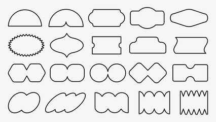 A collection of 18 black outline shapes on a white background. Various geometric and abstract forms are displayed, each with unique contours and edges. Black shapes, vector element set.