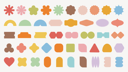 Colorful geometric shapes in various forms like circles, squares, and triangles. Shapes in bright colors create a playful, vibrant pattern. Geometric shapes repeat. Pastel elements, vector set.