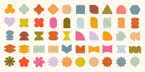 Pastel vectors. Colorful abstract shapes in various forms. Geometric shapes include circles, squares, and triangles. Bright shapes in a playful, abstract design. Pastel elements, vector set.