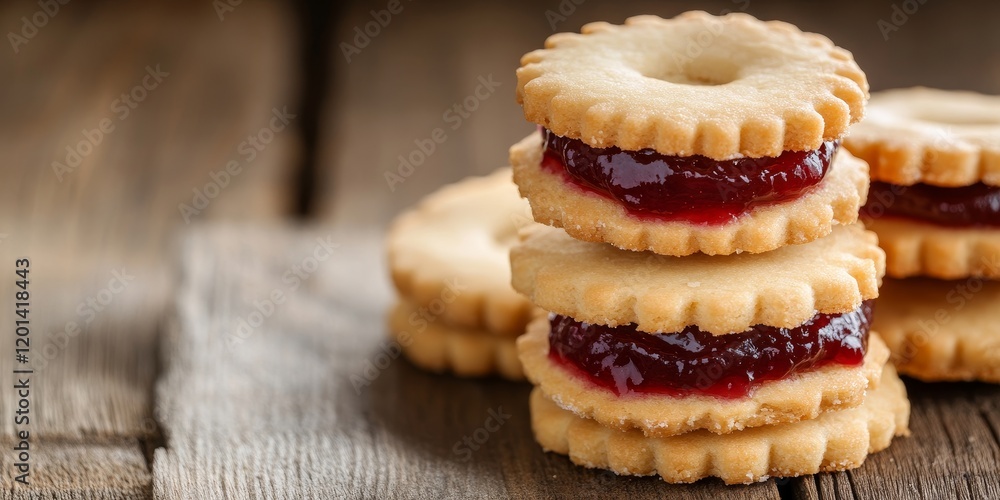 Poster shortbread cookie filled with jam displayed on a wooden background, showcasing the delightful textur