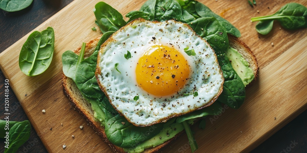 Poster avocado toast topped with spinach and a fried egg, viewed from above, showcases a delicious and nutr
