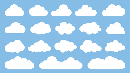 Set of white cloud icons on a blue background. Various cloud shapes, cloud patterns, and cloud designs. Perfect for weather, sky, and nature themes. Weather illustration, vector set.