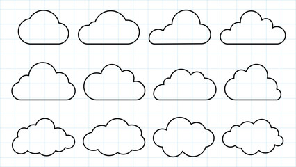 Fototapeta premium Simple cloud illustrations on grid paper. Eight cloud designs, each cloud outlined in black. Clouds on grid, perfect for weather or sky themes. Cloud collection. Weather illustration, vector set.