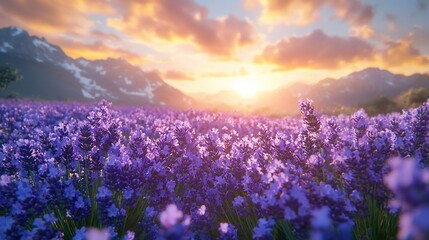 Obraz premium Vibrant sunset over a vast lavender field in the mountains.
