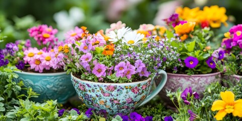 Playful and environmentally friendly teacup planters for gardens, beautifully encircled by a variety of vibrant flowers. Charming, eco conscious planters in a floral setting.