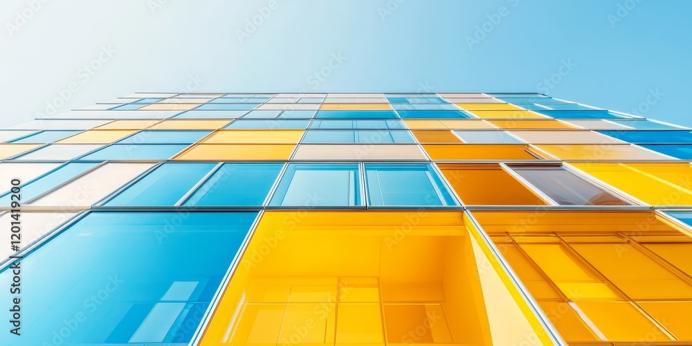 Aufkleber A vertical image showcasing a vibrant modern building featuring yellow and blue stained glass windows, perfect for highlighting colorful architecture on a bright day.