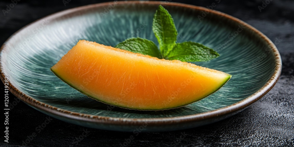 Poster fresh melon slice garnished with a mint leaf presented on a plate, showcasing the vibrant colors and