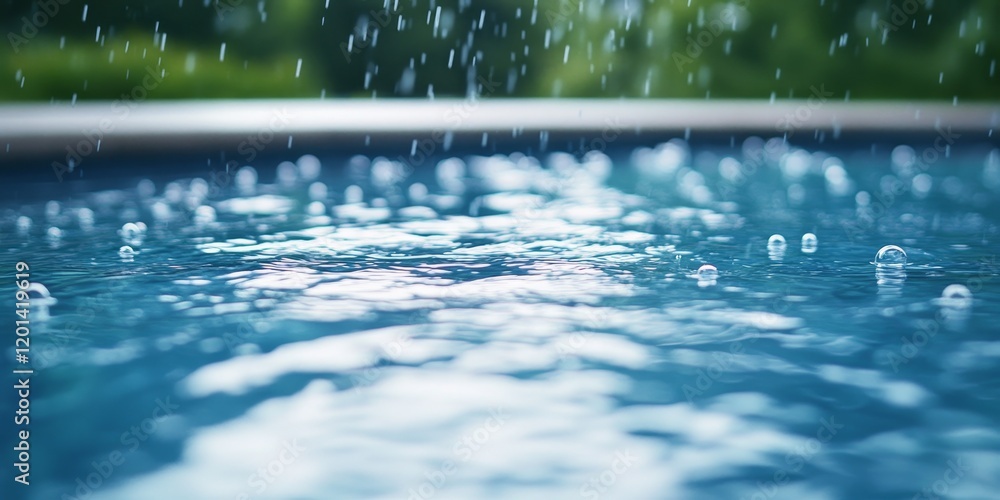 Poster Raindrops create mesmerizing patterns on the surface of the pool, showcasing the beauty of nature as raindrops splash gently on the calm water of the pool, inviting reflection and tranquility.