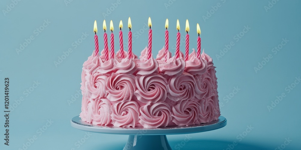 Poster a pink spiral cake adorned with candles is set against a blue background, creating a vibrant and fes