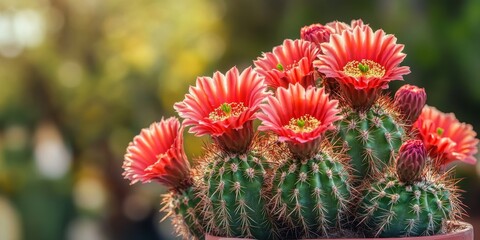 A stunning cactus showcases vibrant red blooms, presenting the beauty of a cactus in full flower. This striking cactus with its radiant red flowers captures attention and admiration.