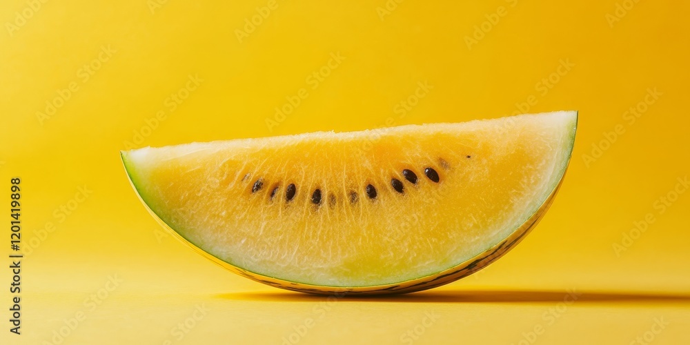 Poster a yellow background showcases half of a yellow watermelon, emphasizing the vibrant color of both the