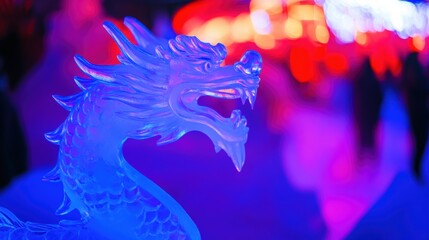 Traditional Asian dragon carved in ice, Snow Festival decorations illuminated with colorful lights