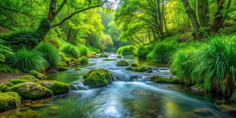 Close-up of a serene stream flowing through vibrant green vegetation ,  nature, water, plant life, calm, peaceful, tranquil