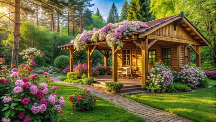Fototapeta premium Cozy country house in the woods with blooming flowers and pergolas, country house, woods, colorful flowers, pergolas