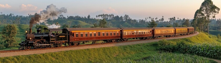 Obraz premium Scenic steam train journey through lush green hills at sunrise