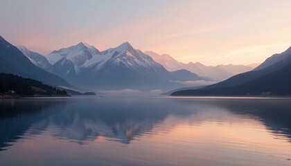 Tranquil mountain lake at sunrise with soft reflections