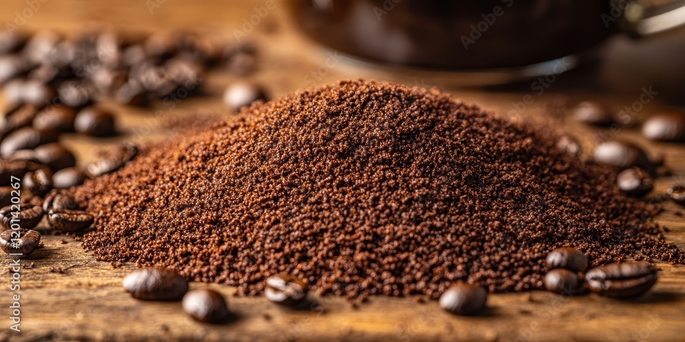 Poster A detailed view of freshly ground coffee rests on a wooden surface, highlighting the rich texture and color of the coffee grounds against the backdrop of wood.