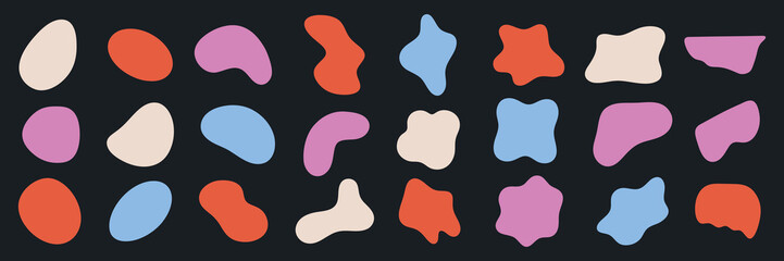 Abstract shapes in red, pink, blue, and beige on a dark background. Organic, colorful shapes create a playful, artistic pattern. Abstract, colorful, and creative design. Colorful shapes, vector set.