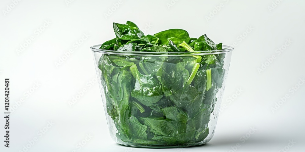 Poster boiled spinach displayed in a clear cup against a white background, highlighting the vibrant green c