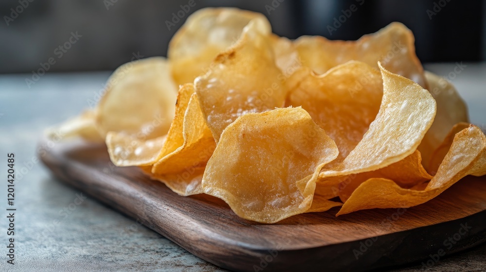 Poster Fried rice paper chips displayed on a wooden board create an enticing visual against a gray background. Enjoy the crispy texture of rice chips that add flavor to any dish.