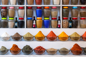 Colorful spices and dyes found at souk market in Cairo, Egypt