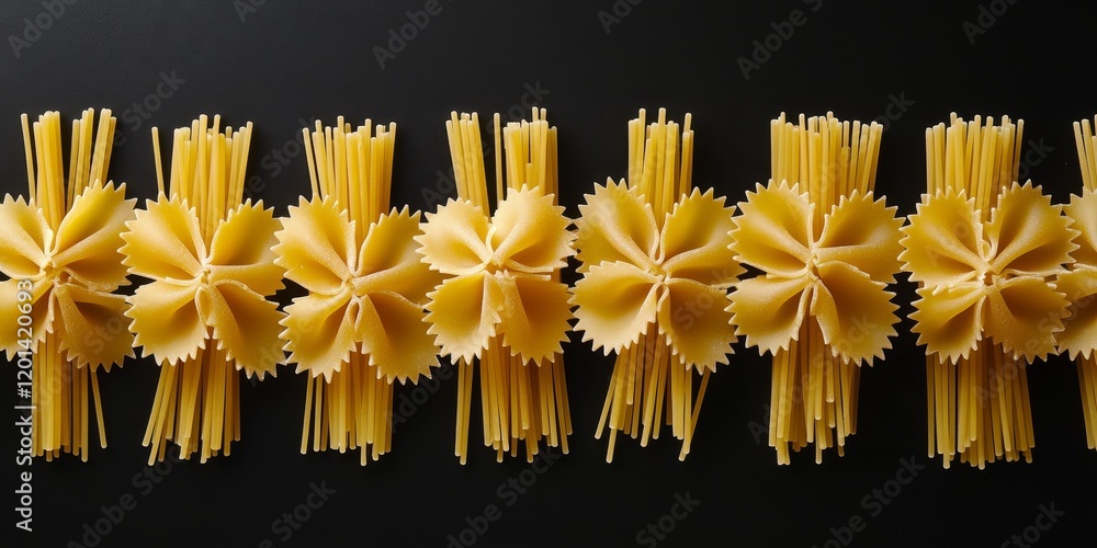 Poster raw pasta displayed on a black background, showcasing an appealing arrangement of raw pasta. the raw