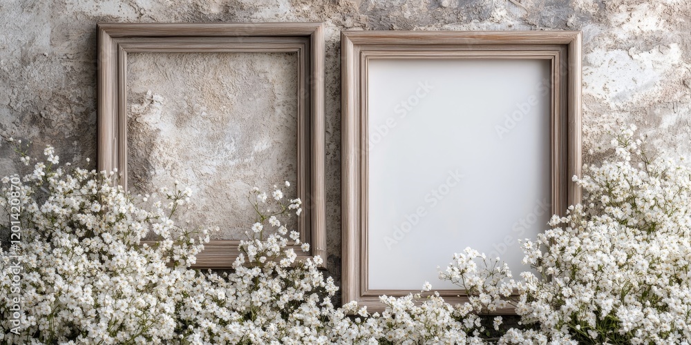 Poster two empty frames set against a backdrop of white flowers, creating a perfect canvas for showcasing y