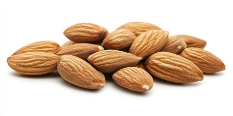 Fototapeta premium Almonds are beautifully isolated on a white background, showcasing the almond s texture and color. This image highlights the almond, making it perfect for culinary and health related projects.