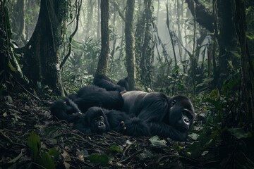 Obraz premium A tranquil image of a family of gorillas resting in a dense forest.