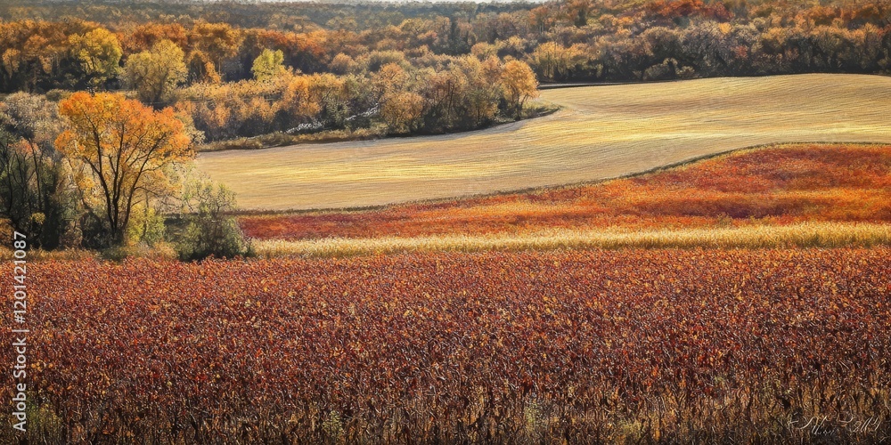 Poster vibrant soybean field showcasing the rich colors of fall, highlighting the beauty of the soybean fie